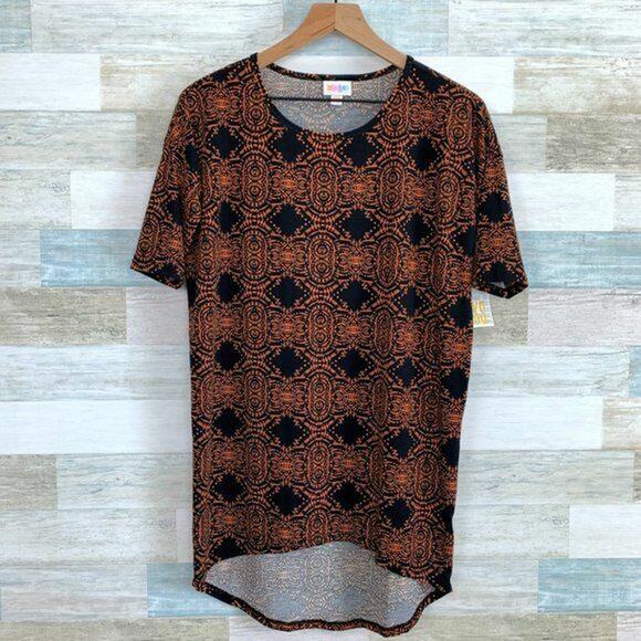 LuLaRoe Irma High Low Tunic Top Black Orange Medallion Print Womens XXS NWT - Picture 1 of 5